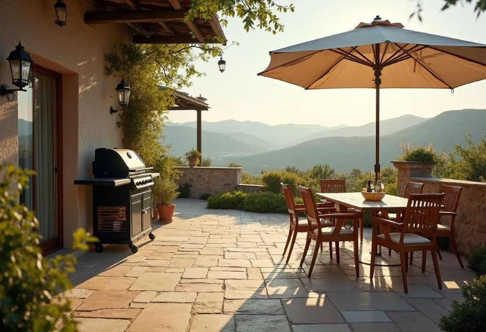 Terrasse ensoleillée avec une table sous un parasol